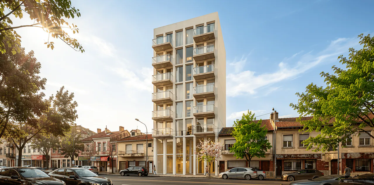 Render del edificio sobre la calle Monroe, entre árboles y casas bajas del barrio